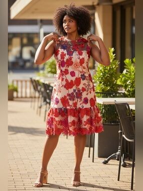 Just Me Floral Embroidered Sleeveless Dress in Red and Pink
